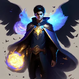 A 25 years boy persian in matte black robes with flaming eyes with grin with flaming light blue pupils stands atop a squire Two infinity gauntlets contain six infinity stones, one of which is made with nano In the hands of a powerful man walking While standing on a majestic height from afar With two big wings