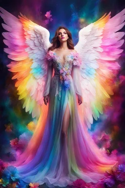 Gorgeous Photography Beautiful Woman as Angel with clothing abstracts flowers luxury gown dressing painting art neons rainbow colors glowing in the dark and colorful details, light leaks boleh colors,flowers background