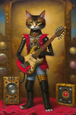 A full length portrait of a rocker-style cat mixed with a rusted robot, carrying a guitar, baroque painting by Walter Popp