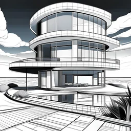 futuristic BLACK AND WHITE beach house with a glass-bottomed swimming pool extending over the sand, show beach view, detailed, front closeup view, minimalistic white color water fountain, minimal black line art, unique coloring sheet, outlined, outline, line art, clean line art, unique, 8k, amazing, realistic, masterpiece, no colors, no dark color, no black color, avoid thick black, minimalistic line edges, white back ground color, vector style,