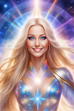 cosmic woman smile,beautiful ufos rainbow, admiral from the future, galactic confédération, fine whole face, crystalline skin, expressive blue eyes,rainbow, smiling lips, very nice smile, costume pleiadian, Beautiful tall woman pleiadian Galactic commander, ship, perfect datailed golden galactic suit, high rank, long blond hair, hand whit five perfect detailed finger, amazing big blue eyes, smilling mouth, high drfinition lips, cosmic happiness, bright colors, blue, pink, gold, jewels, realist,