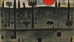 A black wetland with shadow monsters painted by Paul Klee