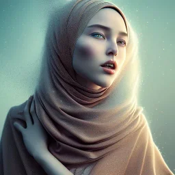 surreal, close up portrait of woman in hijab dissolving into blowing dust, morphing to duststorm, fine detail, highly intricate, modern surrealism painting, high-quality, volumetric lighting, 8k, ultrahd, George Grie, Marco Escobedo, Igor Morski,Brian Froud, Howard Lyon, Selina French