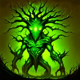 90's TCG art retro fantasy art of tree creature with glowing green eyes