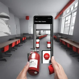 **Content Visual Art:** An augmented reality app that gamifies fire safety training. Users can scan their environment to identify potential fire hazards, practice extinguisher techniques on virtual fires, and learn evacuation procedures. The app features customizable difficulty levels and interface options to accommodate various disabilities. **Appearance:** Content art ideas combine fire safety training, types of fires, equipment usage, and public awareness, with a focus on inclusivity and disa