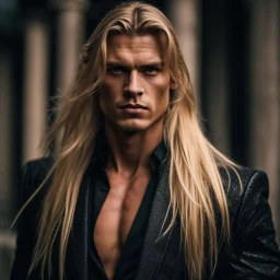 portrait of a malavolent stunningly handsome male aged 25, muscular, long blonde hair, wearing a dark suit, angry expression,4k, modern fantasy