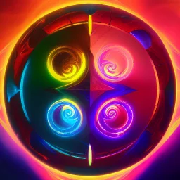 yin-Yang symbol, hyper detailed, photorealistic, hyper detailed, hyper defined, orange, azul, purple, yellow, DMT art