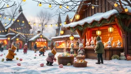 Festival Square – Subtle Excitement and Cheer"The Easter festival in the village square is alive with tiny, joyful movements. Children giggle as they crouch in the snow, their hands reaching for hidden pastel-colored eggs. A warm breeze causes ribbons tied to market stalls to flutter softly, their pastel hues catching the golden lantern light. A wooden stage creaks gently as a choir of bunny figurines sways in rhythm, singing a festive tune. A villager carefully places a fresh batch of steaming