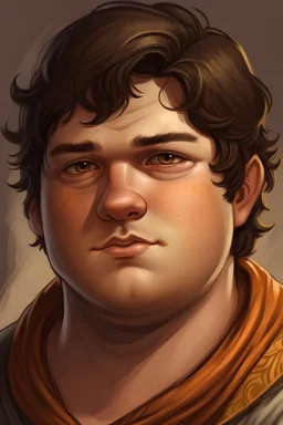 Portrait of a young half-elf man, fat, tan skin