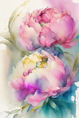 peonies, watercolor painting, ultrasharp, realistic colors, with some splashes of mixed colors