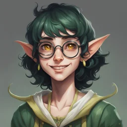 dnd, portrait of cute young elf femboy, black hair, short hair, curled hair, hair covering one eye, emo hair, round glasses, tusks, sharp teeth, yellow eyes, flat chest, mage, magic, nose ring, pierced ears, twink, smile, sharp teeth, all green skin, round face, small nose, shy, green ears, green lips, green nose
