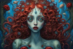 "Tim Burton Style, 3D, Fresco of Medussa, (((NO HANDS))) ((((Hyper hypnotically beautiful intense alluring blue Hyper realistic detailed eyes, insanely detailed wild thick red hair, red lips. Intricately adorned with small shimmering flowers)))) . By James Jean, Mark Ryden, Brian Froud, Zdzisław Beksinski, H. R. Giger, Hieronymus Bosch, extremely detailed, high definition, crisp quality, unions, Miki Asai Macro photography, close-up, hyper detailed, trending on artstation, sharp focus, studio ph