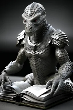 reptilian humanoid, grey diamond - shaped scales, big magic book