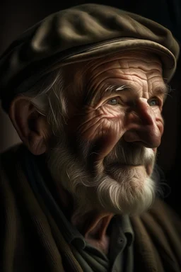 potrait of an old fisherman at sea,using natural light to highlight waether texture