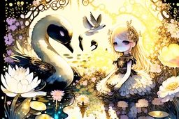 beautiful swan and cute chibi princess in a flowergarden with beautiful flowers, pond, in sunshine, H.R. Giger, anime, steampunk, surreal, watercolor and black in outlines, golden glitter, ethereal, cinematic postprocessing, bokeh, dof