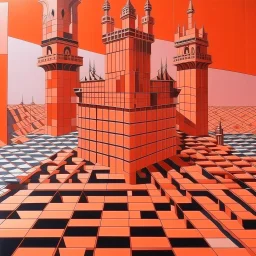 A light rosy orange colored fortress with swords painted by Victor Vasarely