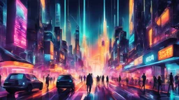 A digital illustration in a surreal style, showing a city street bustling with activity. The buildings are tall and futuristic, with neon lights casting a vibrant glow on the scene. Figures in the foreground are blurred and furtive, adding a sense of movement and energy to the composition. The air is hot and heavy, with waves of heat distorting the view