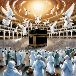 The scene in Mecca: People wearing white Ihram clothes, men without head coverings, women with veils, circumambulating around the Kaaba, and above them are transparent white spirits of children, men, and women with wings revolving around the Kaaba.