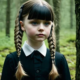 Young lily-rose Depp as Wednesday addams, braids, bangs, in tge woods