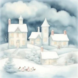 Picture a whimsical snowy village, touched by the artistic styles of Kate Greenaway, Nicoletta Ceccoli, and Debbie Criswell, as each cottage placement and pipe smoke curl is rendered in impressive 16K resolution watercolor, the hues so delicate they echo the soft palette of a Howard Chandler Christy masterpiece, the magical clouds above adding an enchanting aura delicately rendered in sweeping strokes of color, ultra-clear.