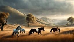 An endless steppe. hills to the right. The hills is densely covered in ancient white oaks. a distant band of beautiful horses. fantasy concept art, exquisite realism, a masterpiece, dynamic lighting, hyperdetailed, intricately detailed, deep color, Unreal Engine, volumetric lighting , Epic cinematic brilliant stunning intricate meticulously detailed dramatic atmospheric maximal,