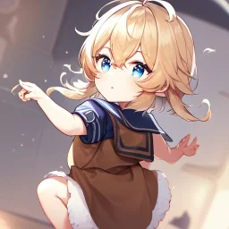 Clear focus, High resolution, rough line, half chibi, cute, cartoon, short blonde hair, hair between eyes, fluffy hair, blue eyes, wearing a sailor uniform, wearing a brown vest, baby, long locks, 1girl, red bow, fluffy bangs, ahoge