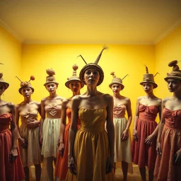 Flash photo of a room, a senseless jumble of bodies, wearing absurd hats and other senseless clothes, and dried fruit, odd objects, in a bright, featureless, yellowish-white room, surreal characters in real life. Details of their skin and dresses very accentuated. 8k, fine focus, funny