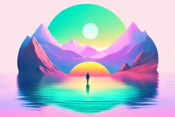 a large body of water with mountains in the background, inspired by Beeple, minimalism, sun rises between two mountains, colorful ravine, moon rising, mobile wallpaper, beautiful composition 3 - d 4 k, beautiful iphone wallpaper, a round minimalist behind, the middle of a