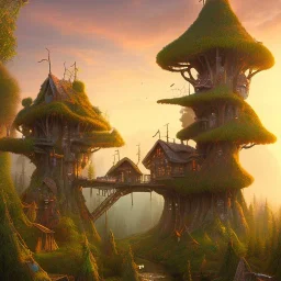 valley, fairytale treehouse village covered,, matte painting, highly detailed, dynamic lighting, cinematic, realism, realistic, photo real, sunset,detailed, high contrast, denoised, centered, michael whelan