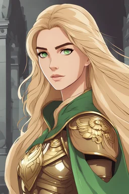 Young Woman with long blonde hair, vivid green eyes, wearing gilded Greek armor, light green cape, Coliseum background, RWBY animation style