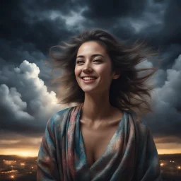 Hyper Realistic happy young-Pushto-woman with cloudy sky & dramatic ambiance at night