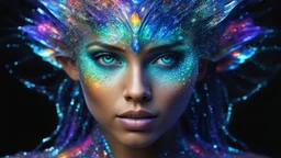 an extraterrestrial species whose defining characteristic: bioluminescent skin. Her body and skin shimmers with colors that defy human understanding, a living, breathing canvas of cosmic art., Broken Glass effect, no background, stunning, something that even doesn't exist, mythical being, energy, molecular, textures, iridescent and luminescent scales, breathtaking beauty, pure perfection, divine presence, unforgettable, impressive, breathtaking beauty, Volumetric light, auras, rays, vivid colors