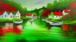 a painting of boats in a body of water, style of monet, color pigments spread out in air, white buildings with red roofs, red irises, ( ( photograph ) ), green and red radioactive swamp, ( ( stippled gradients ) ), sprites, artstatio, greed