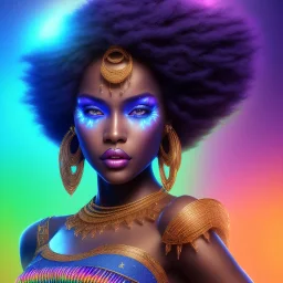 full body shot, masterpiece, best quality, black skinned, sparkling eyes, Goddess of Africa,fluorescent skin,blue-dark makeup,synthwave, indigo, highly detailed body, sun light, 4K, RAW, depth of field, high contrast, realistic details, 24mm