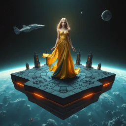 A breathtaking cosmic fantasy scene featuring a stunningly realistic beautiful woman with a perfect face and sculpted figure standing gracefully at the center of a floating geometric platform in deep space. She wears an elegant flowing gown in vibrant gold and blue hues that billow around her perfect form. The huge platform is constructed from dark cobblestone-like blocks arranged in a star shape and Space craft landed over it. Surrounding her are CIFI buildings