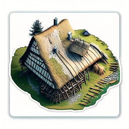 aerial view digital artwork of a Scandinavian longhouse as a sticker