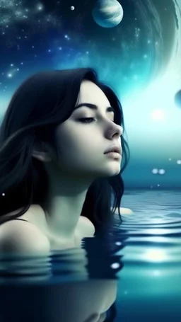 beautiful girl with black hair dreaming of a space world and can see a man reflect in the water