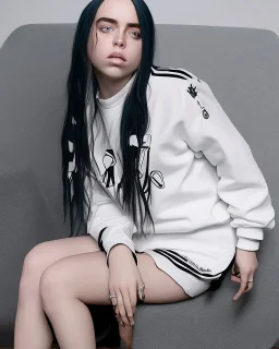 Billie Eilish, sitting on a chair, Black Short Dress, high detail, realistic