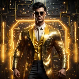 Hyper Realistic handsome muscular Electric-Superhero with short-black-hair wearing long-fancy-golden-tuxedo-with-yellow-circuit-patterns & fancy-sunglasses in a dark-rustic-circuit-room with electric-sparks-&-rays & a massive circuit-board-wall with-glowing-embers showing dramatic & cinematic ambiance.