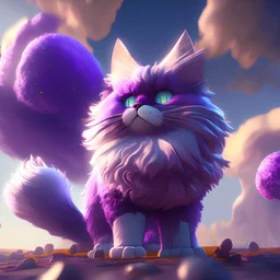 Stunning 3D video game style cat, realistic fur, vibrant colors, purple tones, dynamic pose, epic background, Unreal Engine, Pixar, key art, high resolution, point lighting, midday sun, Canon EOS R5, cat, 3D, video game style, realistic, vibrant colors, dynamic pose, Unreal Engine, high resolution, point lighting, midday sun, Canon EOS R5.