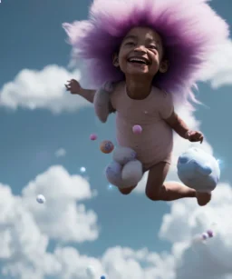 Ultra realistic speed clouds sky scene, wide angle view, sweet childs falling down, inflatable color clothing, free jumping flying, many trinkets, monster hair, hair monster, many jelly beans, balls, smile, happy, circus style, extreme, wind, clouds sea, 20,000 feet altitude, stratosphere, soft color, highly detailed, unreal engine 5, ray tracing, RTX, lumen lighting, ultra detail, volumetric lighting, 3d, finely drawn, high definition, high resolution.