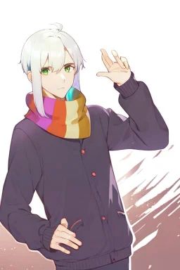 Anime style, Make the art more realistic in the anime version, man, Green eyes, Wearing a colorful scarf around your neck, His hand on the right is referencing himself