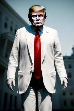 Ultra realistic image, Donald trump zombie, zombie performance, suit, skull, blood, torn arm, night, walking twisted, waist up view, thriller style, dark ambient, highly detailed, White House background, concept art, unreal engine 5, ray tracing, RTX, ultra detail, volumetric lighting, high definition, high resolution.