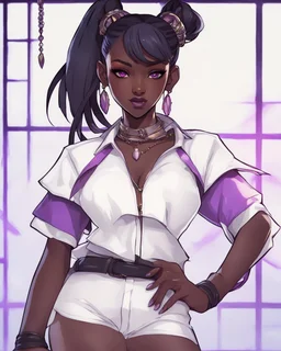 arcane tv show style, league of legends, solo, 1girl, attractive teenager, african, dark skin, dark-brown eyes, black hair, pair buns, violet strands of forehead bangs, necklace, earrings, modern makeup, (detailed skin texture), white oversize shirt