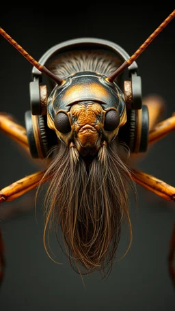 Cockroach front view with human look face and long hair and beard and put headphones on , looks like an ancient Sumerian gods