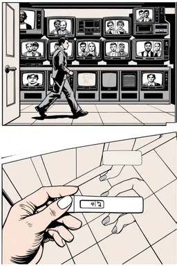 uncolored comic book page: top panel(man on his way out the door walks past a display of televisions on which a bulletin of wanted criminals mugshots appears, higher over the shoulder camera perspective), bottom panel(pov a woman's hand with acrylic nails holding a pregnancy test that shows a positive result, tile floor below), panels divided at a 30 degree angle