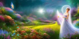 bright fairy, beautiful portrait, flowery landscape