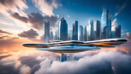 A city built among the clouds, with sleek, futuristic skyscrapers that pierce the sky. Floating walkways connect the buildings, and advanced hovercrafts zip through the air. The clouds below shift and change colors, reflecting the vibrant city lights. Award-winning photograph, 80mm focal length, rule of thirds.