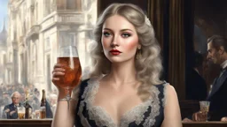 corrupt Russian woman, 1917, sleeveless open dress, lace, loose hair, Paris, bar, brandy, drinks, audience, 3d, 64k, high resolution, high detail, fine rendering, computer graphics, hyperrealism, f/16, 1 /300 s. digital painting,