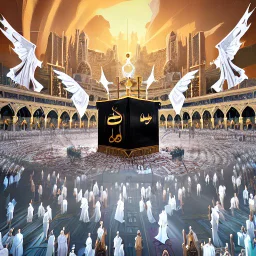 The scene in Mecca: People wearing white Ihram clothes, men without head coverings, women with veils, circumambulating around the Kaaba, and above them are transparent white spirits of children, men, and women with wings revolving around the Kaaba.